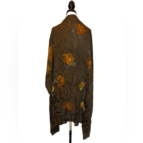 Rare Vintage French Burnout Velvet Shawl Wrap Floral Silk Scarf Olive Gold - Picture 1 of 3
